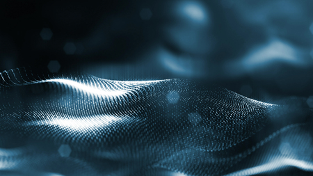 Particles form line and surface grid. 3d rendering. Science fiction background of glowing particles with depth of field and bokeh. Motion graphics microwold. Blueの写真素材