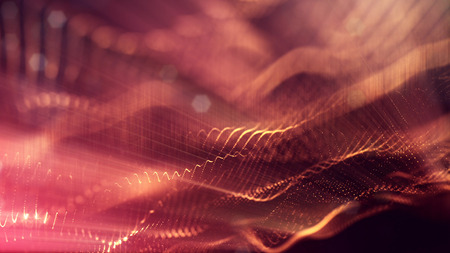 Particles form line and surface grid. 3d rendering. Science fiction golden background of glowing particles with depth of field and bokeh. Motion graphics microwold. 60の写真素材