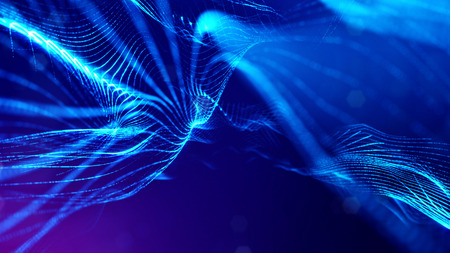 blue background of glowing particles with depth of field and bokeh as microworld or sci-fi theme. Particles form line and surface grid. 3d rendering.の写真素材