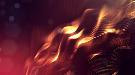 golden red color background of glowing particles with depth of field and bokeh as microworld or sci-fi theme. Particles form line and surface grid. 3d rendering.の写真素材