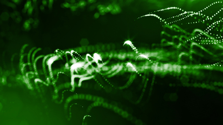 Abstract glow particles in air as science fiction microcosm or macro world or sci-fi. 3d render of abstract composition with depth of field and glowing particles in dark with bokeh effects.の写真素材