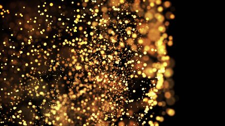 gold particles glisten in the air, gold sparkles in a viscous fluid have the effect of advection with depth of field and bokeh. 3d render. cloud of particles.の写真素材