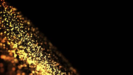 gold particles glisten in the air, gold sparkles in a viscous fluid have the effect of advection with depth of field and bokeh. 3d render. cloud of particles.の写真素材