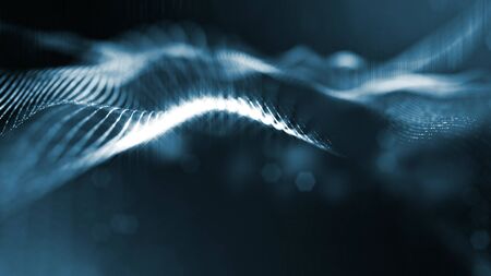3d rendering background of glowing particles with depth of field, bokeh. Microworld or sci-fi theme. Particles form line and 3d surface grid. Blue 20の写真素材