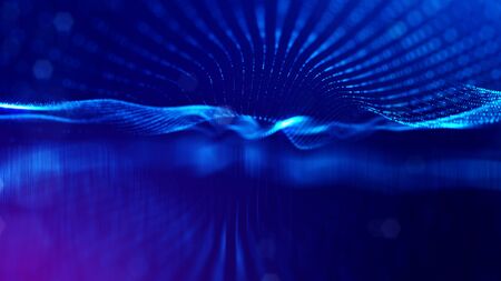 3d rendering background of glowing particles with depth of field, bokeh. Microworld or sci-fi theme. Particles form line and 3d surface grid. Blue 17の写真素材