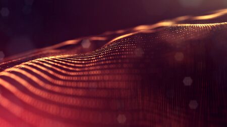 3d rendering background of glowing particles with depth of field, bokeh. Microworld or sci-fi theme. Particles form line and 3d surface grid. Golden red 48の写真素材