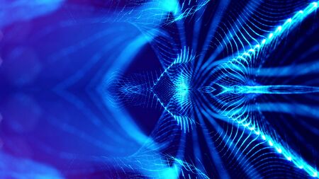 3d rendering background of glowing particles with depth of field, bokeh. Microworld or sci-fi theme. Particles form line and 3d surface grid. Blue 37の写真素材