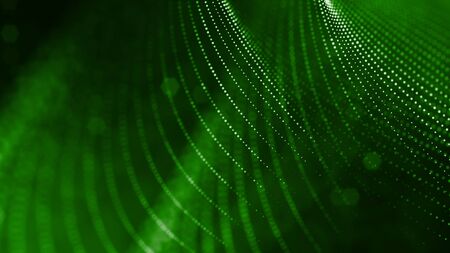Glow particles are in air as science fiction of microcosm or macro world or sci-fi. 3d rendering of abstract green composition with depth of field and glowing particles in dark with bokeh effects. 29の写真素材
