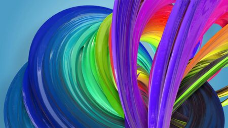 3d rendering of abstract rainbow color ribbon twisted into a circular structure on a blue...