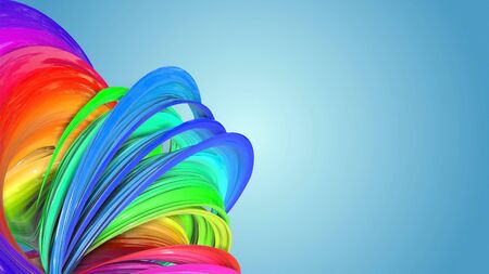 3d rendering of abstract rainbow color ribbon twisted into a circular structure on a blue background. Beautiful multicolored ribbon glitters brightly. 25の写真素材