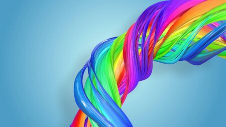 3d rendering of abstract rainbow color ribbon twisted into a circular structure on a blue background. Beautiful multicolored ribbon glitters brightly. 7の写真素材