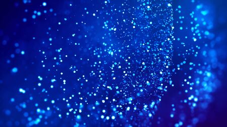 Microcosm. Glow blue particles on blue background are hanging in air for bright festive presentation with depth of field and light bokeh effects. Version 23の写真素材