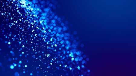 glow blue particles on blue background are hanging in air for bright festive presentation with depth of field and light bokeh effectsの写真素材