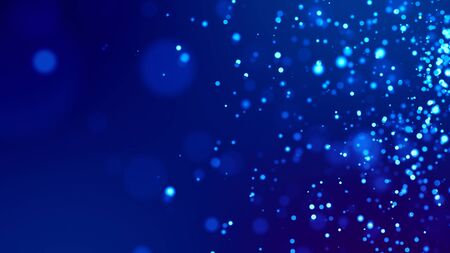 Science fiction. Glow blue particles on blue background are hanging in air for bright festive presentation with depth of field and light bokeh effects. Version 1の写真素材