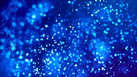 Science fiction. Glow blue particles on blue background are hanging in air for bright festive presentation with depth of field and light bokeh effects. Version 15の写真素材