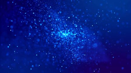 Micro world. Glow blue particles on blue background are hanging in air for bright festive presentation with depth of field and light bokeh effects. Version 13の写真素材