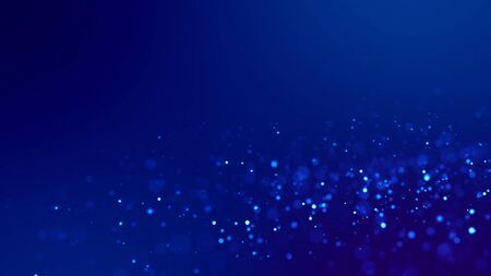 Micro world. Glow blue particles on blue background are hanging in air for bright festive presentation with depth of field and light bokeh effects. Version 25の写真素材