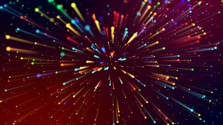 3d abstract beautiful background with colorful glowing particles, depth of field and bokeh effect. Abstract explosion of multicolored shiny particles or light rays like laser show.の写真素材