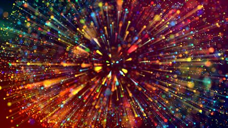 3d abstract beautiful background with colorful glowing particles, depth of field and bokeh effect. Abstract explosion of multicolored shiny particles or light rays like laser show.の写真素材