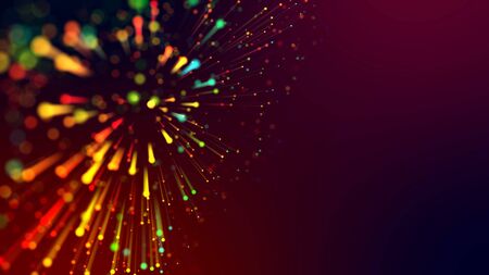 3d abstract beautiful background with colorful glowing particles, depth of field and bokeh effect. Abstract explosion of multicolored shiny particles or light rays like laser show.の写真素材