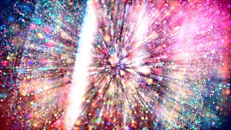 3d abstract beautiful background with colorful glowing particles, depth of field and bokeh effect. Abstract explosion of multicolored shiny particles or light rays like laser show.の写真素材