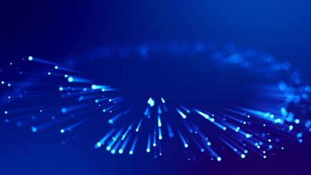 3d rendering of abstract blue background with glowing particles like micro world science fiction with depth of field and bokeh. Blue light rays like laser show for bright festive presentationの写真素材