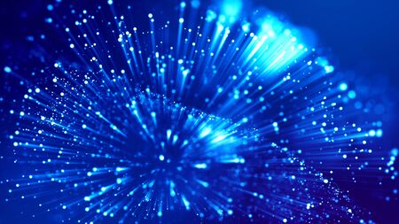 3d rendering of abstract blue background with glowing particles like micro world science fiction with depth of field and bokeh. Blue light rays like laser show for bright festive presentationの写真素材