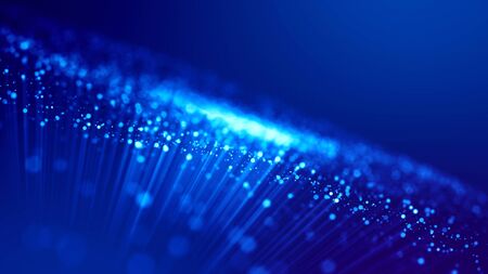 3d rendering of abstract blue background with glowing particles like micro world science fiction with depth of field and bokeh. Blue light rays like laser show for bright festive presentationの写真素材