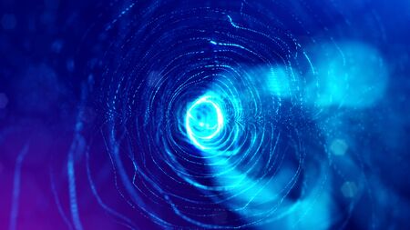 3d rendering background of glowing particles that form curved lines and 3d surfaces, grid with depth of field, bokeh. Microworld or sci-fi theme. Blue spherical structuresの写真素材