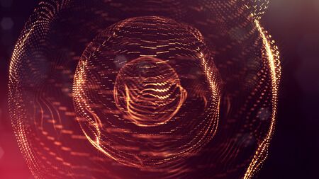 3d rendering background of glowing particles that form curved lines and 3d surfaces, grid with dep...