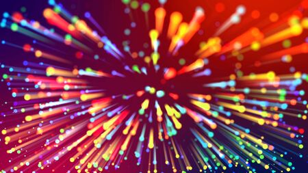 Abstract explosion of multicolored shiny particles or light rays like laser show. 3d render abstract background with colorful glowing particles, depth of field and bokeh effect.の写真素材