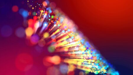Abstract explosion of multicolored shiny particles or light rays like laser show. 3d render abstract...