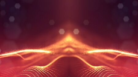 3d rendering background of glowing particles that form curved lines and 3d surfaces, grid with depth...