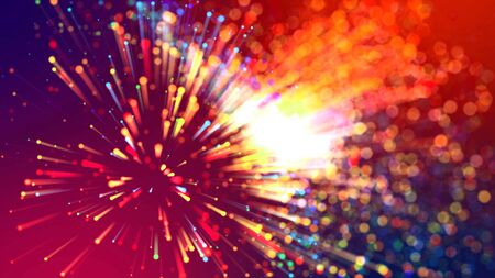 Abstract explosion of multicolored shiny particles or light rays like laser show. 3d render abstract...