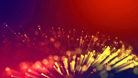 Abstract explosion of multicolored shiny particles or light rays like laser show. 3d render abstract beautiful background with light rays colorful glowing particles, depth of field, bokeh.の写真素材
