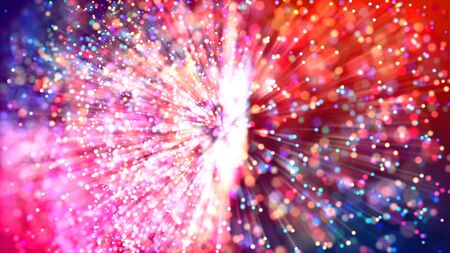 Abstract explosion of multicolored shiny particles or light rays like laser show. 3d render abstract...