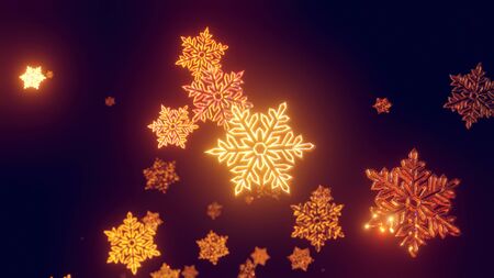 toy Christmas gold snowflakes covered with sparkles in the air glisten in the light with shallow depth of field giving a lot of bokeh effects. Christmas festive blank. 3d renderの写真素材