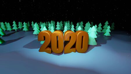 winter night, coniferous forest with backlight and golden inscription 2020 in cartoon style, blank for a festive Christmas background with forest, snowdrifts, starry sky. 3d renderの写真素材
