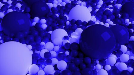 beautiful shiny balls of different colors and sizes completely cover the surface. Some spheres glow. 3d photorealistic render geometric reative holiday background of shiny balls.の写真素材