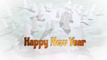 Christmas card or blank for Christmas composition with a snowy Christmas tree forest, winter night with moon light and golden festive inscription. 3d renderの写真素材