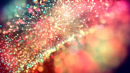 3d abstract beautiful background with light rays colorful glowing particles, depth of field, bokeh. Abstract explosion of multicolored shiny particles or light rays like laser show.の写真素材