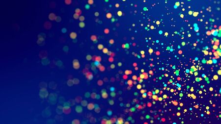 cloud of multicolored particles fly in air slowly or float in liquid like sparkles on dark blue...
