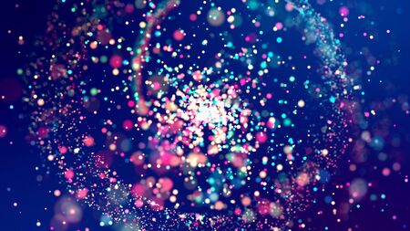 cloud of multicolored particles fly in air slowly or float in liquid like sparkles on dark blue...