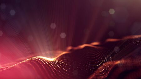 Microworld or sci-fi theme. 3d rendering background of glowing particles that form curved lines and 3d surfaces, grid with depth of field, bokeh. Golden red version 1の写真素材