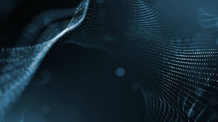 Microworld or sci-fi theme. 3d rendering background of glowing particles that form curved lines and...