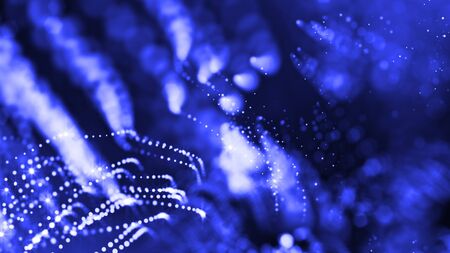3d rendering of glow particles that fly in air as science fiction of microcosm or macro world or sci-fi. Abstract composition with depth of field and glowing particles in dark with bokeh effects.の写真素材