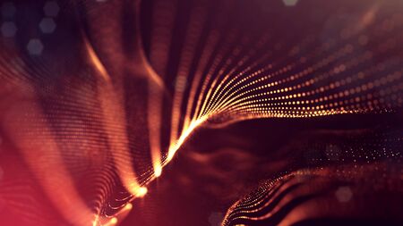 Microworld or sci-fi theme. 3d rendering background of glowing particles that form curved lines and...