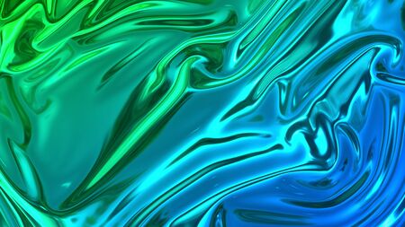 3D render beautiful folds of light shiny silk, like foil or metallic surface in full screen. Beautiful clean fabric background. Simple soft background with smooth folds and blue green color gradientの写真素材