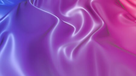 3D render beautiful folds of light silk with red blue gradient in full screen. Beautiful clean fabric background. Simple soft background with smooth folds like waves on a liquid surface.の写真素材