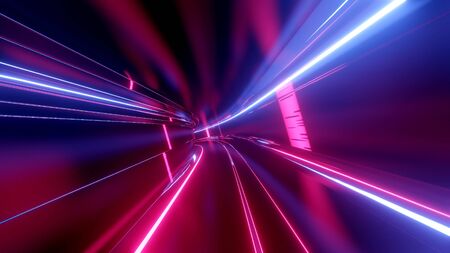 Sci-fi tunnel with neon lights. Abstract high-tech tunnel as background in the style of cyberpunk or high-tech future.の写真素材